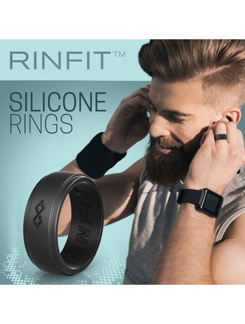 Rinfit Silicone Wedding Ring for Men 3 Rings Pack - Designed, Safe, Soft, Silicone Rubber Men's Band- Set of Black, Blue, Gray - Comes with a Gift Box. Sizes 7-14