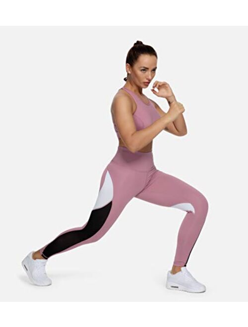 QUEENIEKE Women Yoga Pants Color Blocking Mesh Workout Running Leggings Tights 8030