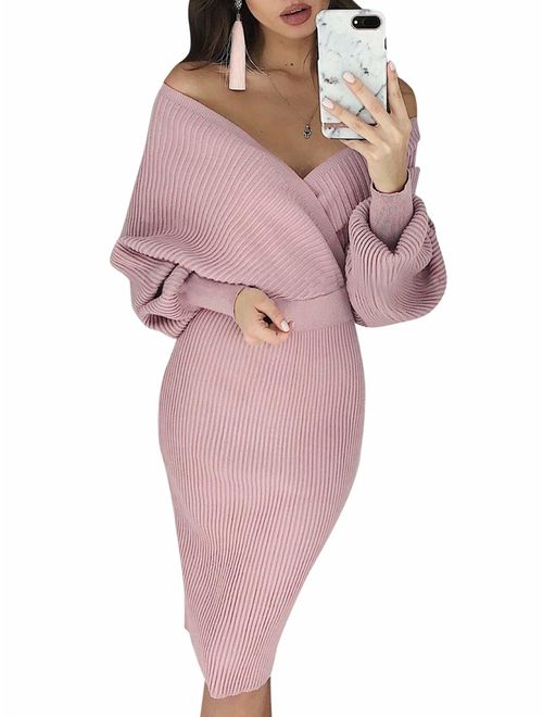Sollinarry Women's 2 Piece Knit Sweater Dress V Neck Batwing Sleeve Crop Top Bodycon Midi Skirt