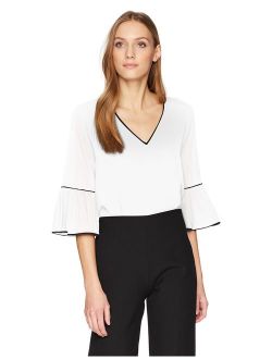 Women's V Neck Blouse with Piping