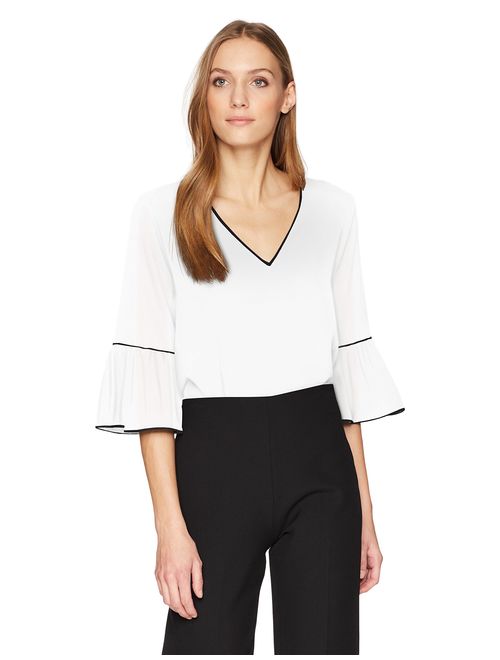 Calvin Klein Women's V Neck Blouse with Piping