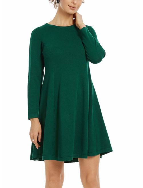 Fleur Wood Women's Casual Loose Knitted Long Sleeve Swing O Neck Sweater Dress Pullover for Women Above The Knee Solid Color