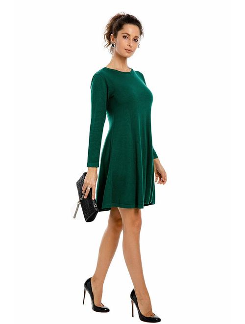 Fleur Wood Women's Casual Loose Knitted Long Sleeve Swing O Neck Sweater Dress Pullover for Women Above The Knee Solid Color