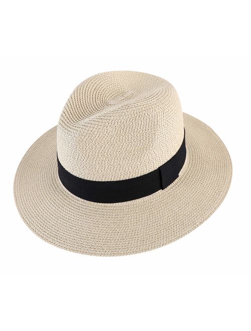 Buy Lanzom Men Wide Brim Straw Foldable Roll up Hat Fedora Summer 