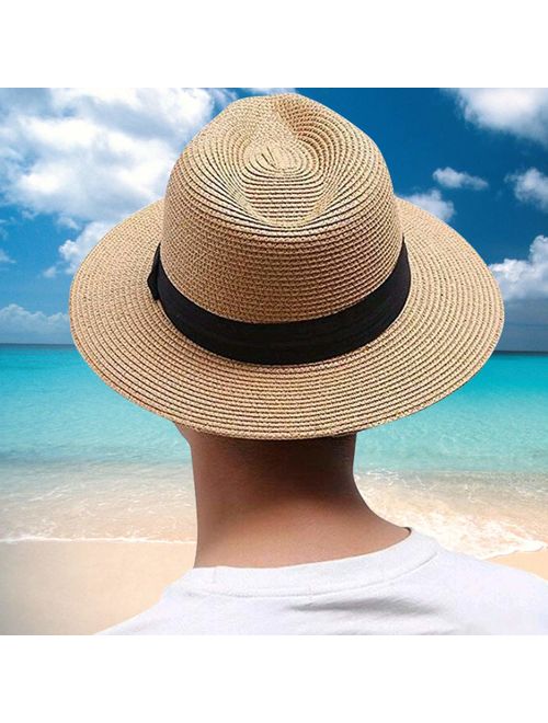 Lanzom Men Wide Brim Straw Foldable Roll up Hat Fedora Summer Beach Sun Hat UPF50+