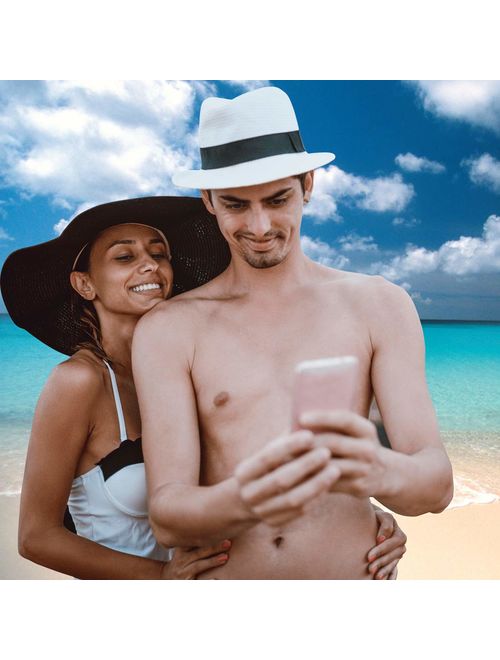 Lanzom Men Wide Brim Straw Foldable Roll up Hat Fedora Summer Beach Sun Hat UPF50+