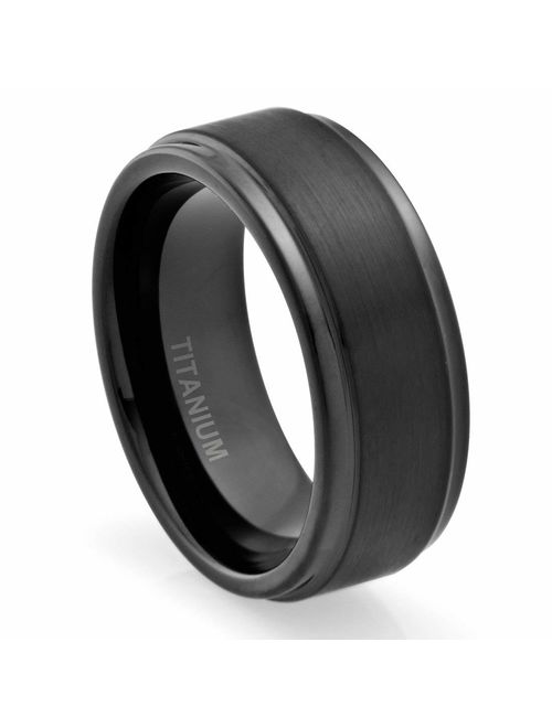 Cavalier Jewelers 8MM Comfort Fit Titanium Wedding Band | Engagement Ring with Black Plated and Brushed Top Finish | Grooved Polished Edges