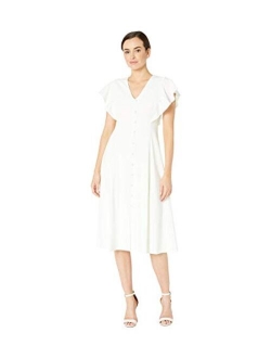 Women's Flutter Sleeve V-Neck Midi with Button Front Detail Dress