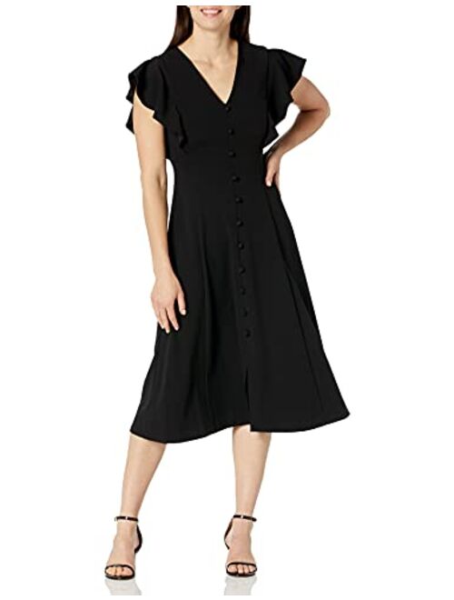 Calvin Klein Women's Flutter Sleeve V-Neck Midi with Button Front Detail Dress