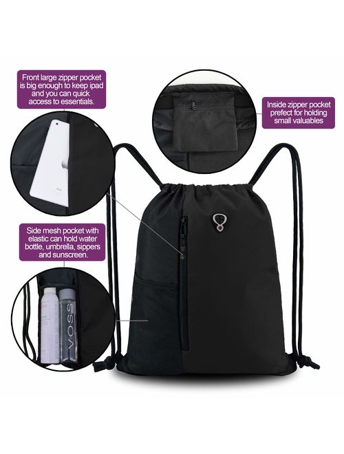 Drawstring Backpack Sports Gym Bag for Women Men Children Large Size with Zipper and Water Bottle Mesh Pockets