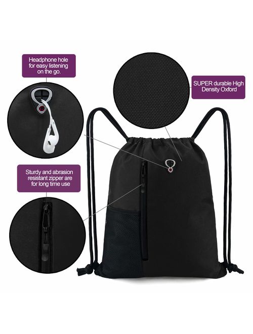 Drawstring Backpack Sports Gym Bag for Women Men Children Large Size with Zipper and Water Bottle Mesh Pockets