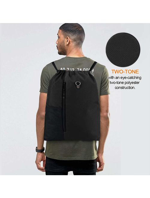 Drawstring Backpack Sports Gym Bag for Women Men Children Large Size with Zipper and Water Bottle Mesh Pockets