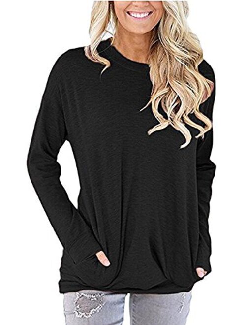 Women Solid Color Round Neck Casual Loose Long Sleeve Sweatshirt T-Shirts Tops Blouse