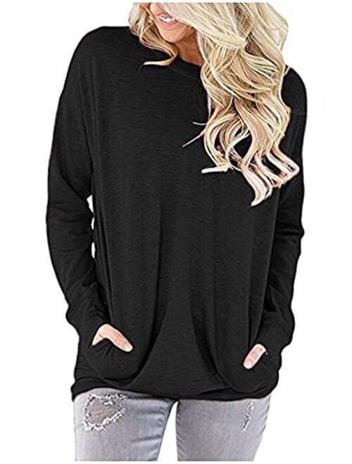 Women Solid Color Round Neck Casual Loose Long Sleeve Sweatshirt T-Shirts Tops Blouse