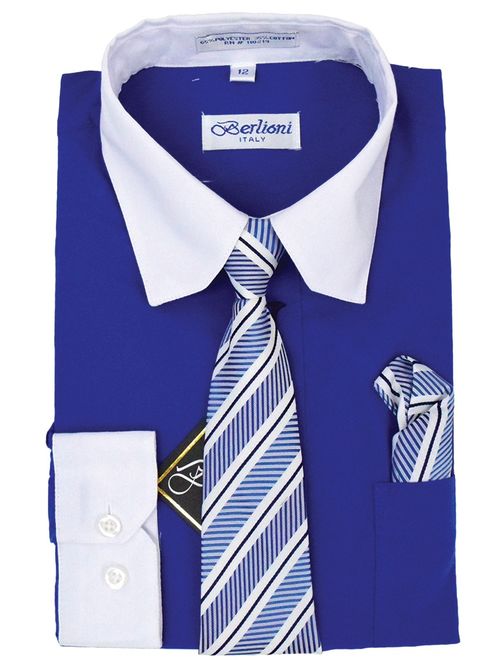 Berlioni Italy Toddlers Boys Kids Long Sleeve Dress Shirt Set With Tie & Hanky Two Tone