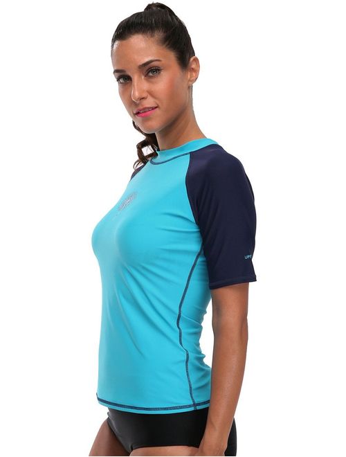Charmo Women's Swim Shirt Rashguard Short Sleeve Rash Guard Swimwear Top, Blue