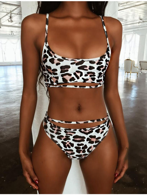 Women Sexy Summer Leopard Swimwear Bikini Set Push-up Padded Bathing Suit Swimsuit M