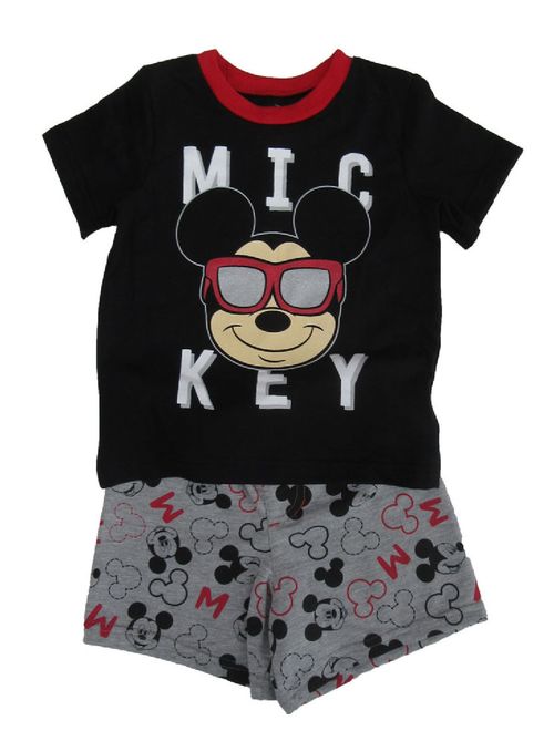 Disney Little Boys Gray Black Mickey Short Sleeve 2 Pc Shorts Outfit