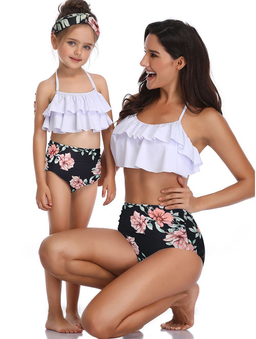 Mommy and Me Matching Family Swimsuit 2Pcs Ruffle Women Swimwear Kids Children Toddler Beachwear Sets Bikini Bathing Suit