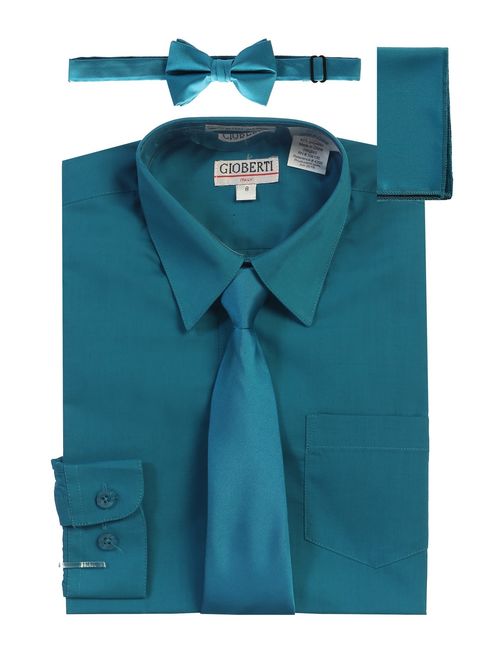 Gioberti Little Boys Teal Solid Shirt Tie Bow Tie Square Pocket 4 Pc Set