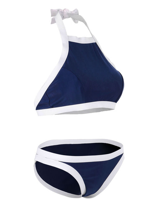 Women's Printed High Neck Bikini Set Swimsuit, Blue White Line, S