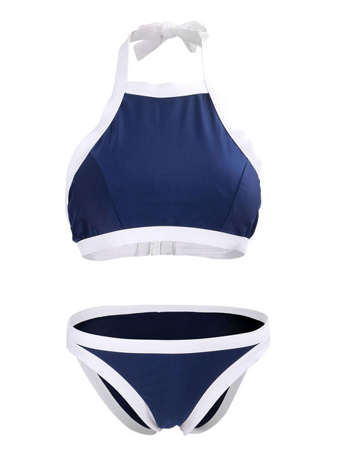 Women's Printed High Neck Bikini Set Swimsuit, Blue White Line, S