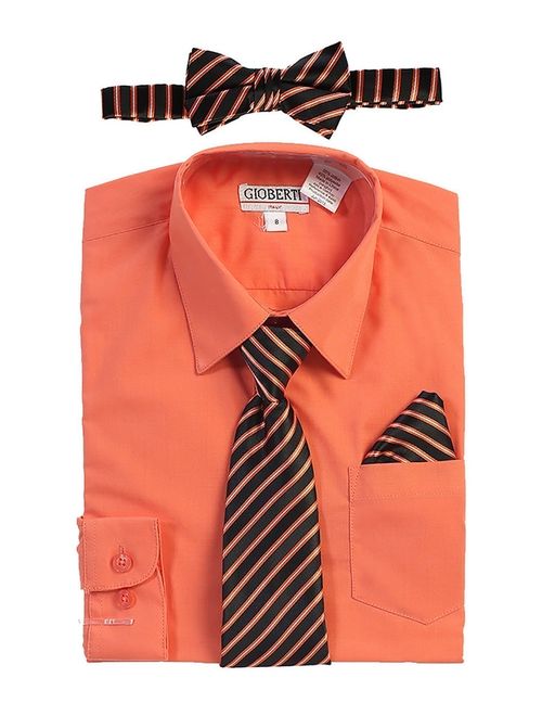 Gioberti Little Boys Coral Shirt Necktie Bow Tie Pocket Square 4 Pc Set