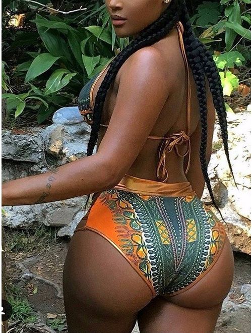 Fittoo Womens Halter Sexy African Tribal Metallic Bikini Set Totem Pattern Swimsuit High Waist Two-Piece
