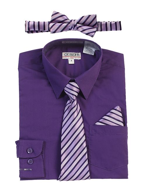 Gioberti Little Boys Purple Shirt Necktie Bow Tie Pocket Square 4 Pc Set