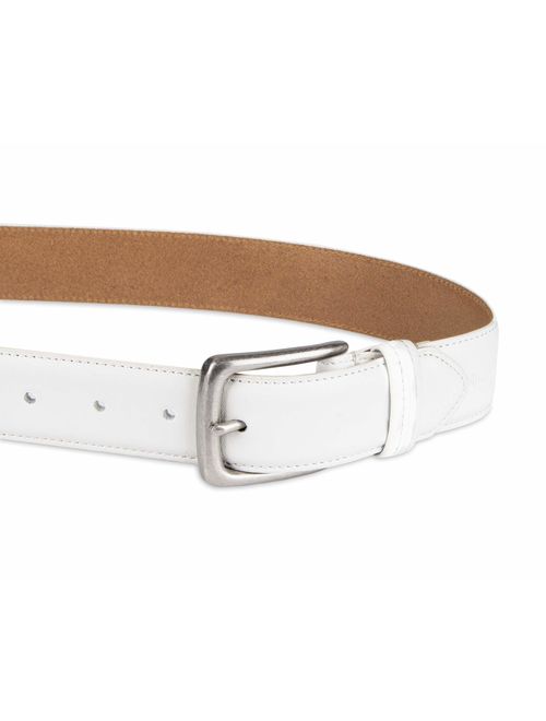 Columbia Men's Casual Leather Belt -Trinity Style for Jeans Khakis Dress Leather Strap Silver Prong Buckle Belt, White, 32