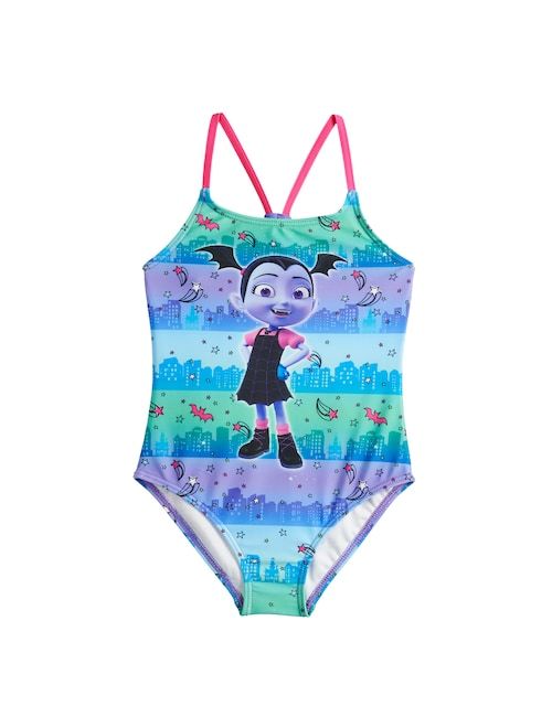 Disney Vampirina Big Girls' One Piece Swimsuit- Blue/Purple/Pink