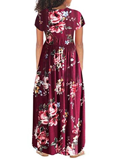 MITILLY Girls Flower 3/4 Sleeve Pleated Casual Swing Long Maxi Dress with Pockets
