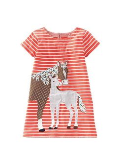 Youlebao Girls Cotton Long Sleeve Casual Cartoon Appliques Striped Jersey Dresses