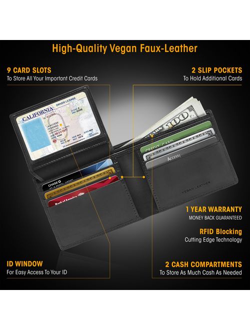 Faux Leather Vegan Wallets For Men - Bifold Mens Wallet With ID Window RFID Blocking