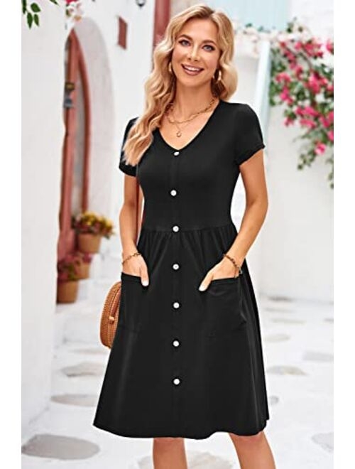 Buy OUGES Women's Long Sleeve V Neck Button Down Skater Dress with Pockets  online | Topofstyle