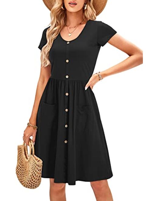 OUGES Women's Long Sleeve V Neck Button Down Skater Dress with Pockets