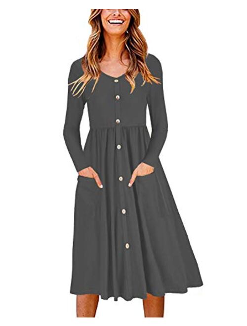 Buy OUGES Women's Long Sleeve V Neck Button Down Skater Dress with Pockets  online | Topofstyle
