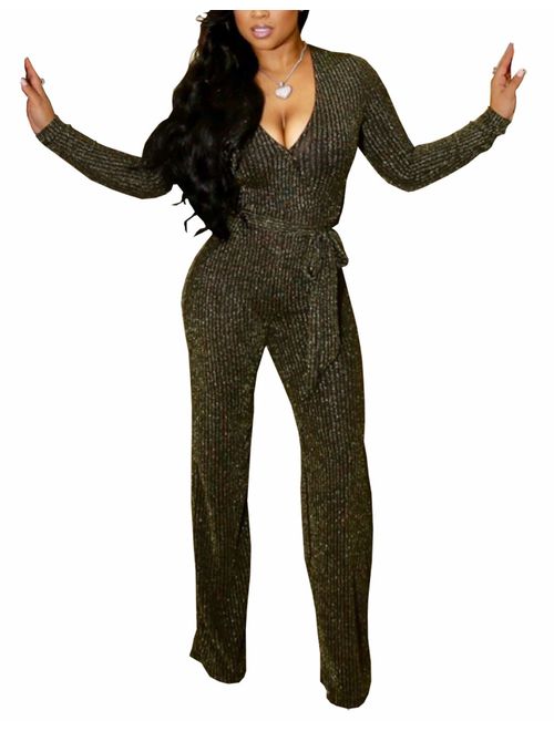 HannahZone Women's Sexy Sparkly Jumpsuits Clubwear V Neck Long Sleeve Pants Elegant Party Rompers with Belt