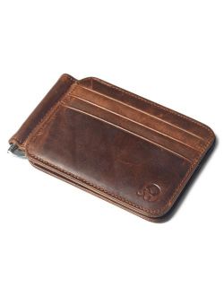 Mignova Men's Leather Slim Spring Money Clip Wallet Front Pocket Credit Card Case Holder (Brown)