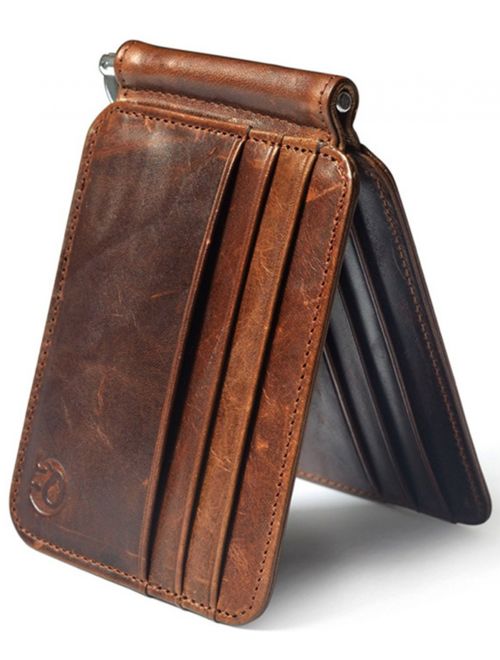 Mignova Men's Leather Slim Spring Money Clip Wallet Front Pocket Credit Card Case Holder (Brown)