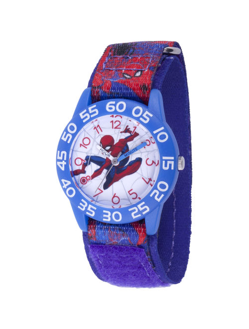 Spider-Man Boys' Blue Plastic Time Teacher Watch, Red Spider Man Nylon Strap with Blue Backing