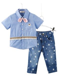StylesILove Handsome Kid Boy Blue Shirt with 3D Pink Bowtie and Star Print Jeans Set (3T)
