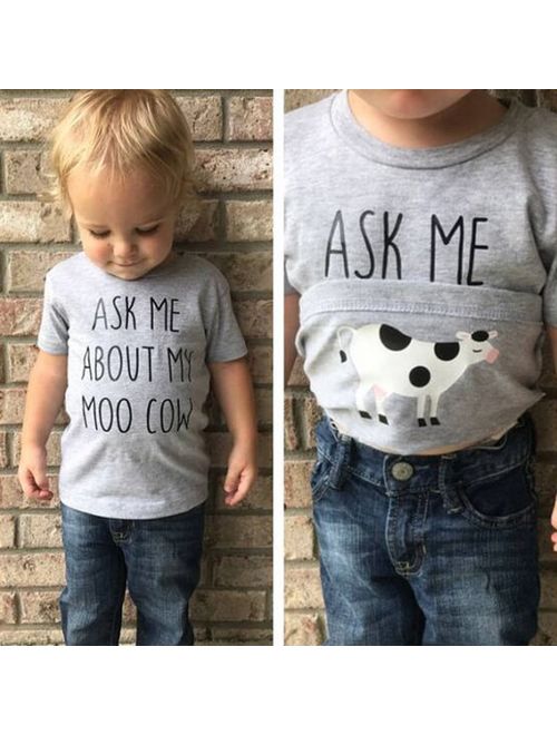Boys T-shirt Novelty Ask me about My Moo Cow Letter Kid Boy Short Sleeves Toddler Tops T-Shirt Tees Inside Cow Clothes