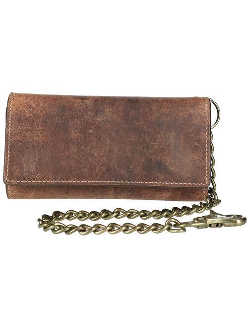 CTM Crazy Horse Leather RFID Long Trifold Chain Wallet (Men's)