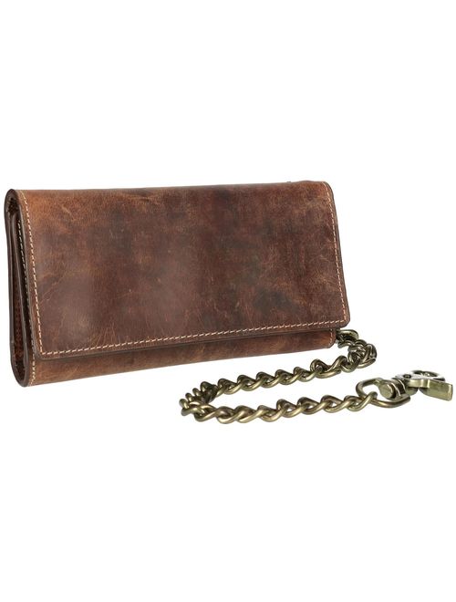 CTM Crazy Horse Leather RFID Long Trifold Chain Wallet (Men's)
