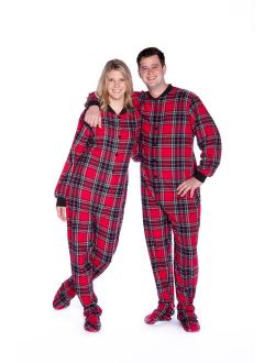 Big Feet PJs Red & Black Plaid Cotton Flannel Adult Footie Footed Pajamas w/ Drop seat