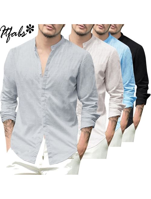 Casual Mens Cotton Linen Shirts Tops Sweatshirt,Sirs Stand Neck Tops Male Long Sleeve Blouse Clothes Men 