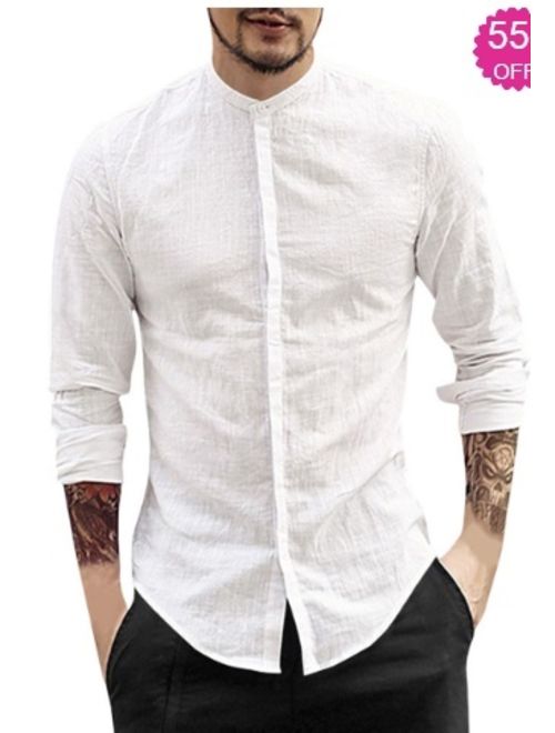 Canis Mens Linen Long Sleeve V-neck Shirt Loose Casual Shirts Tops