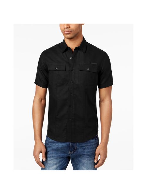Sean John Mens Solid Linen Button Up Shirt, Black, XX-Large