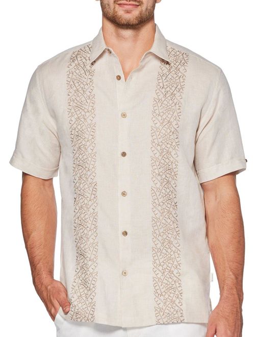 Cubavera Mens Leaf Embroidery Panel Linen Shirt